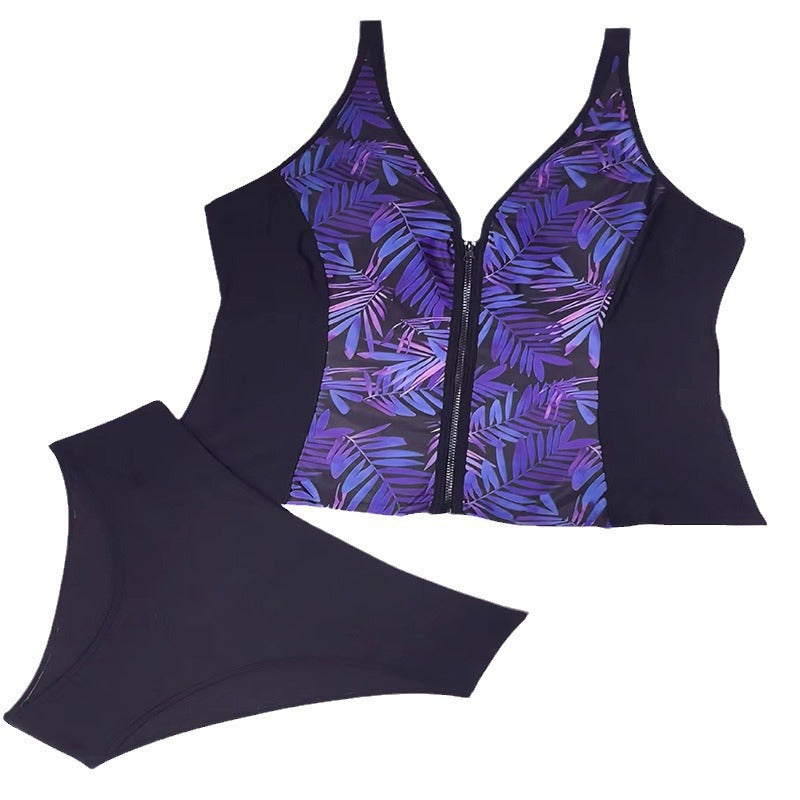 Plus Size Leaf Print Zipper Bikini Bottoms
