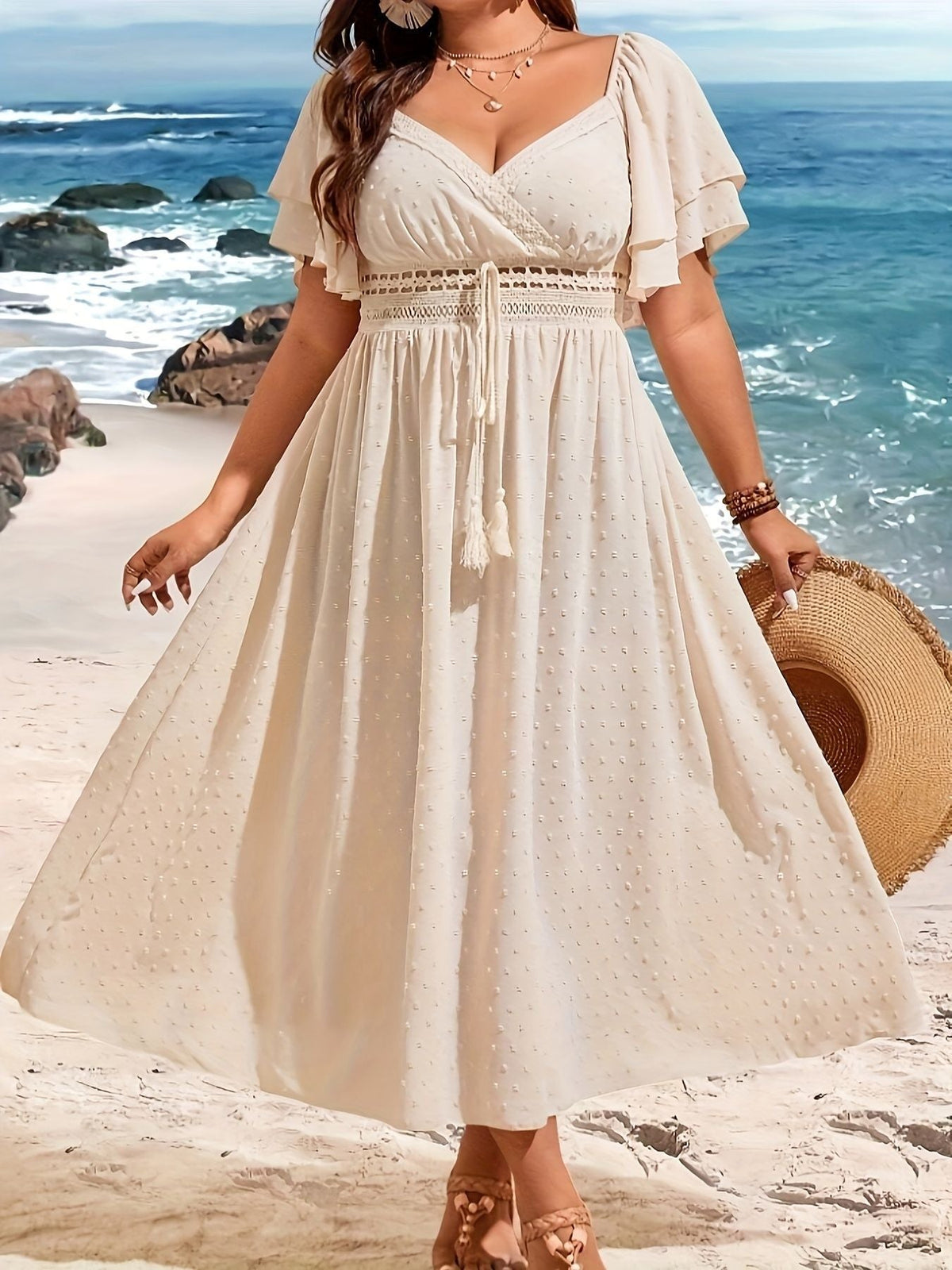 Plus Size Elegant V-Neck Long Sleeve Maxi Dress