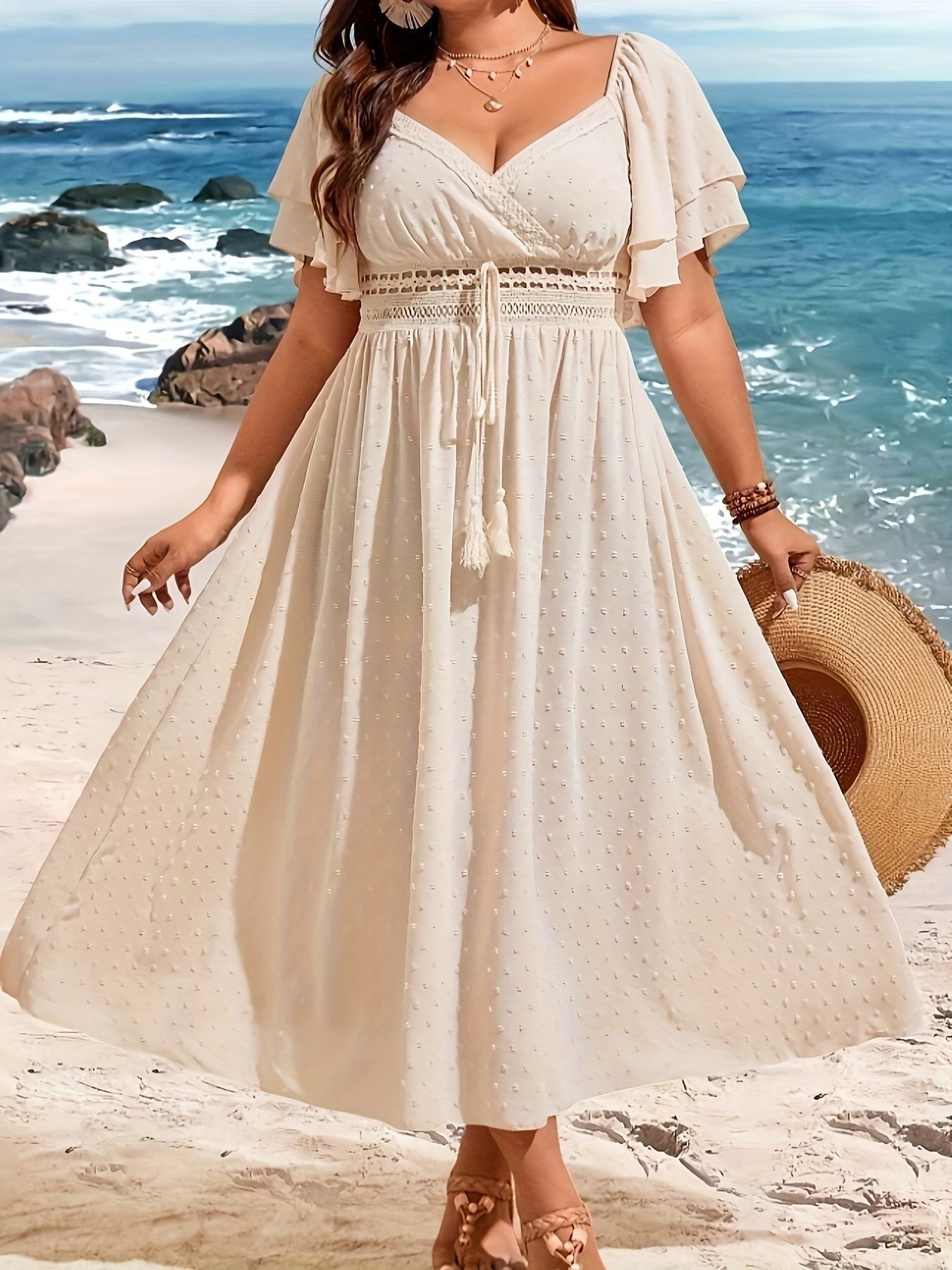Plus Size Elegant V-Neck Long Sleeve Maxi Dress