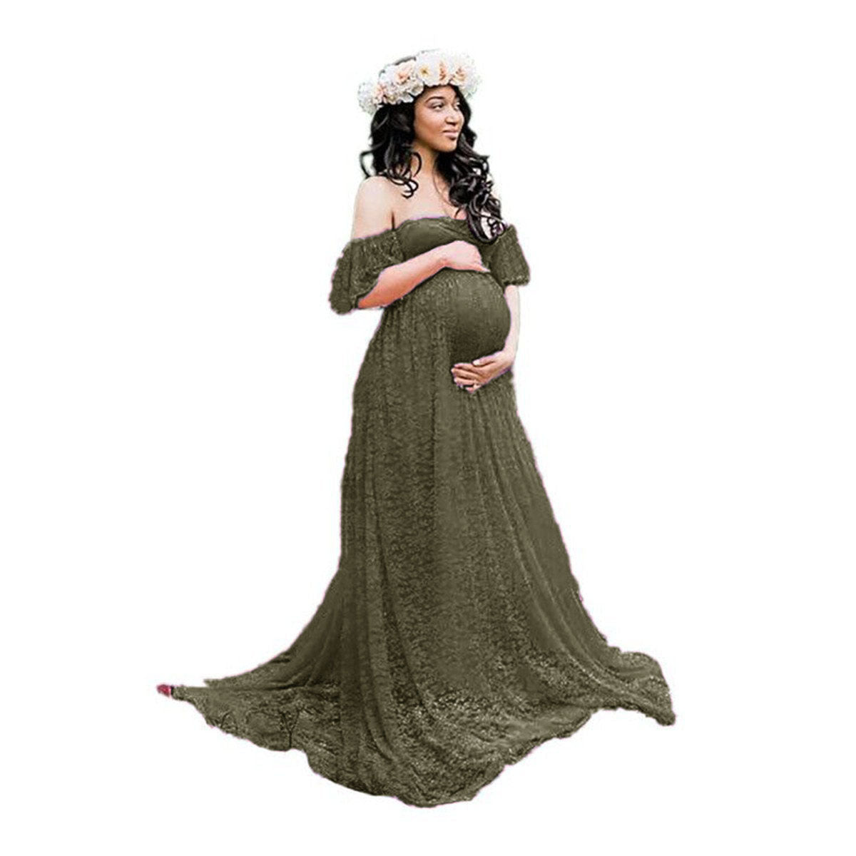 Plus Size Lace Ruffled Off-Shoulder Maternity Dress
