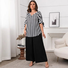 Plus Size Casual Striped Top and Wide Leg Pants Set