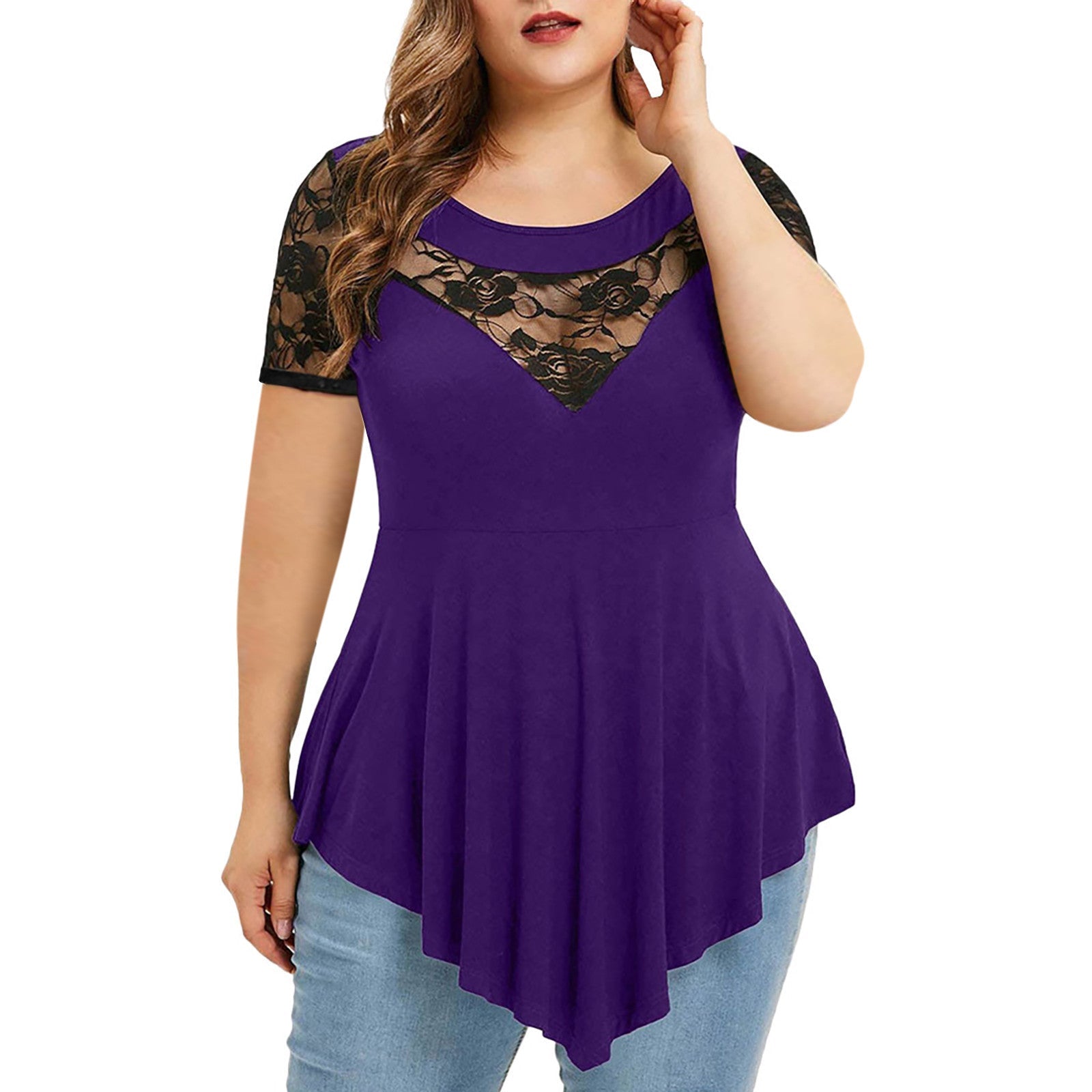 Plus Size Floral Lace Irregular Hem Blouse