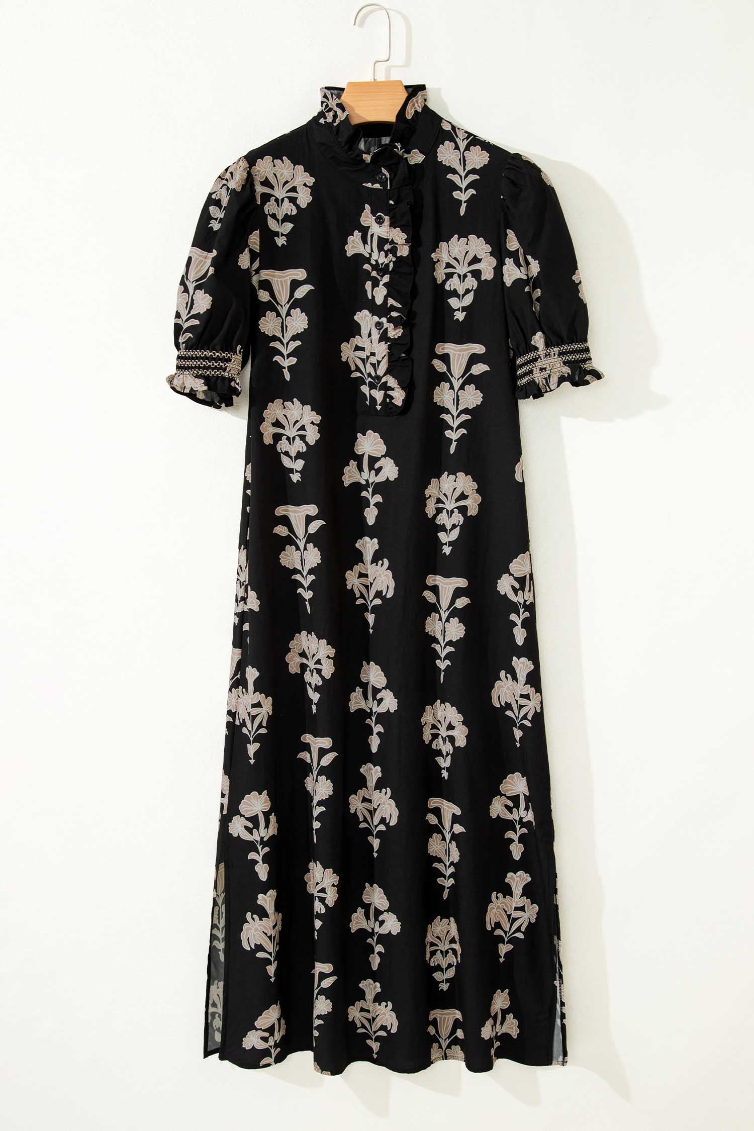 Plus Size Floral Print Frilled Collar Maxi Dress