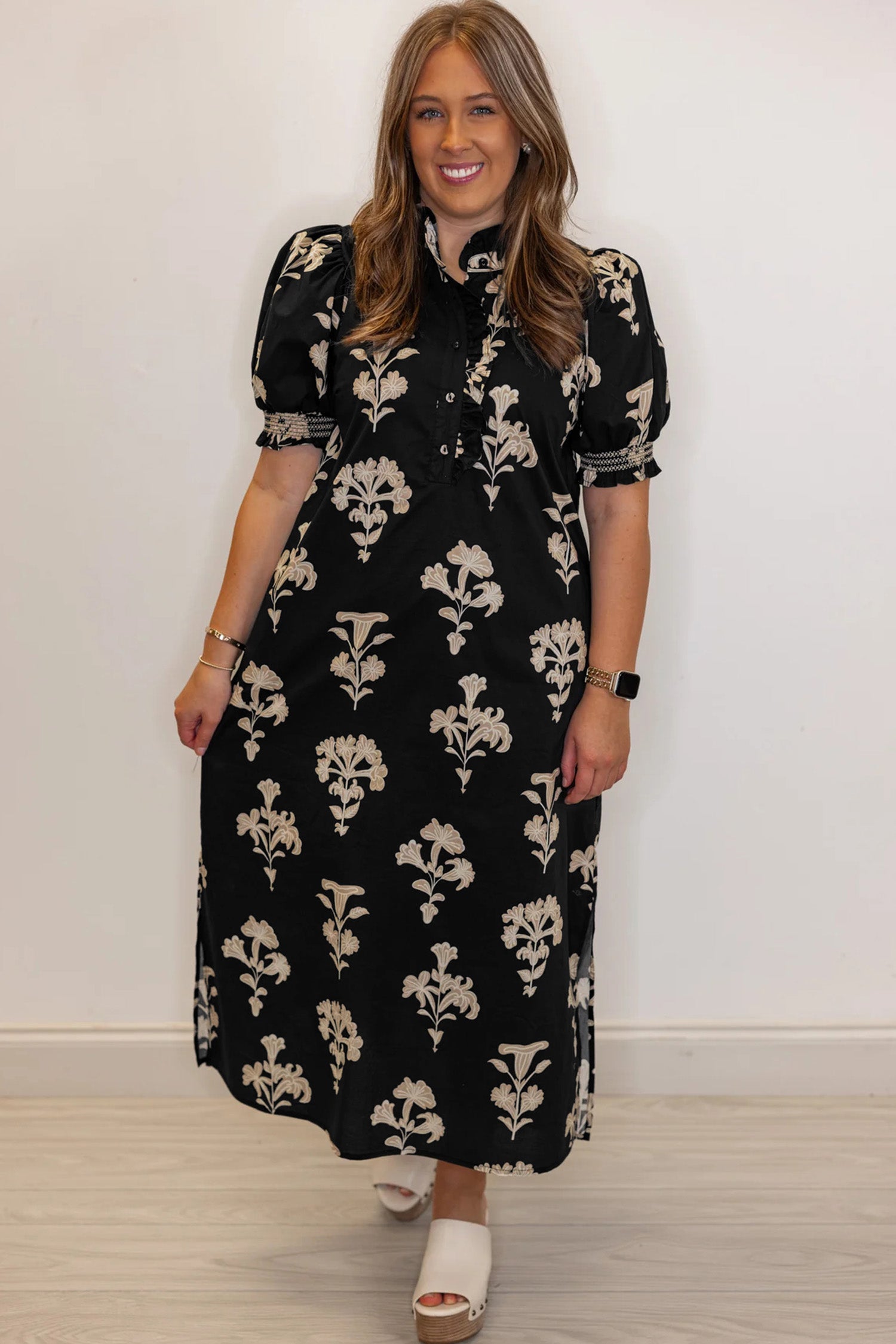 Plus Size Floral Print Frilled Collar Maxi Dress