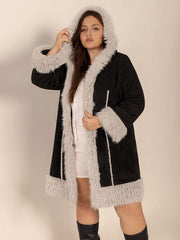 Plus Size Fuzzy Trim Open Front Hooded Coat