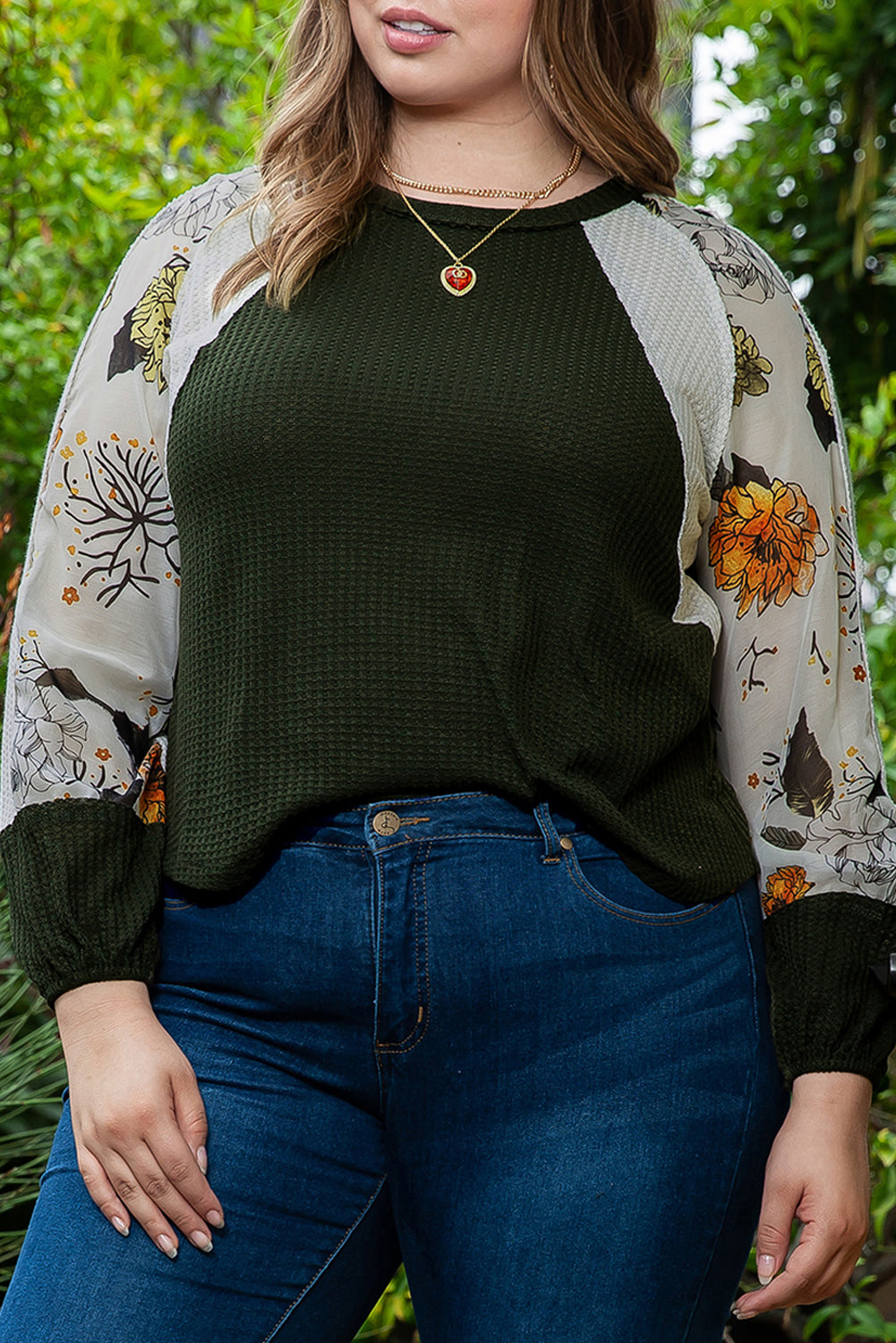 Plus Size Floral Raglan Colorblock Blouse