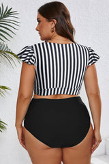 Plus Size Knot Cutout Ruffle Sleeve 2pcs Swimsuit