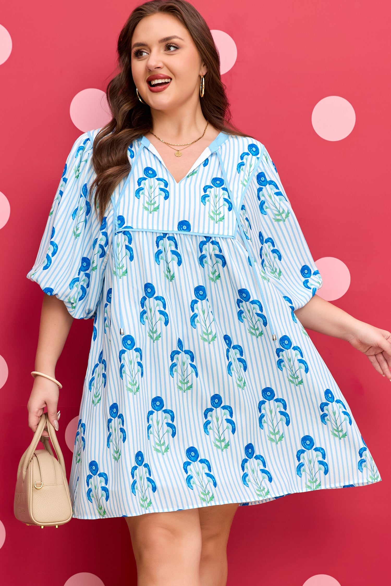 Plus Size Floral Striped Bubble Sleeve Dress