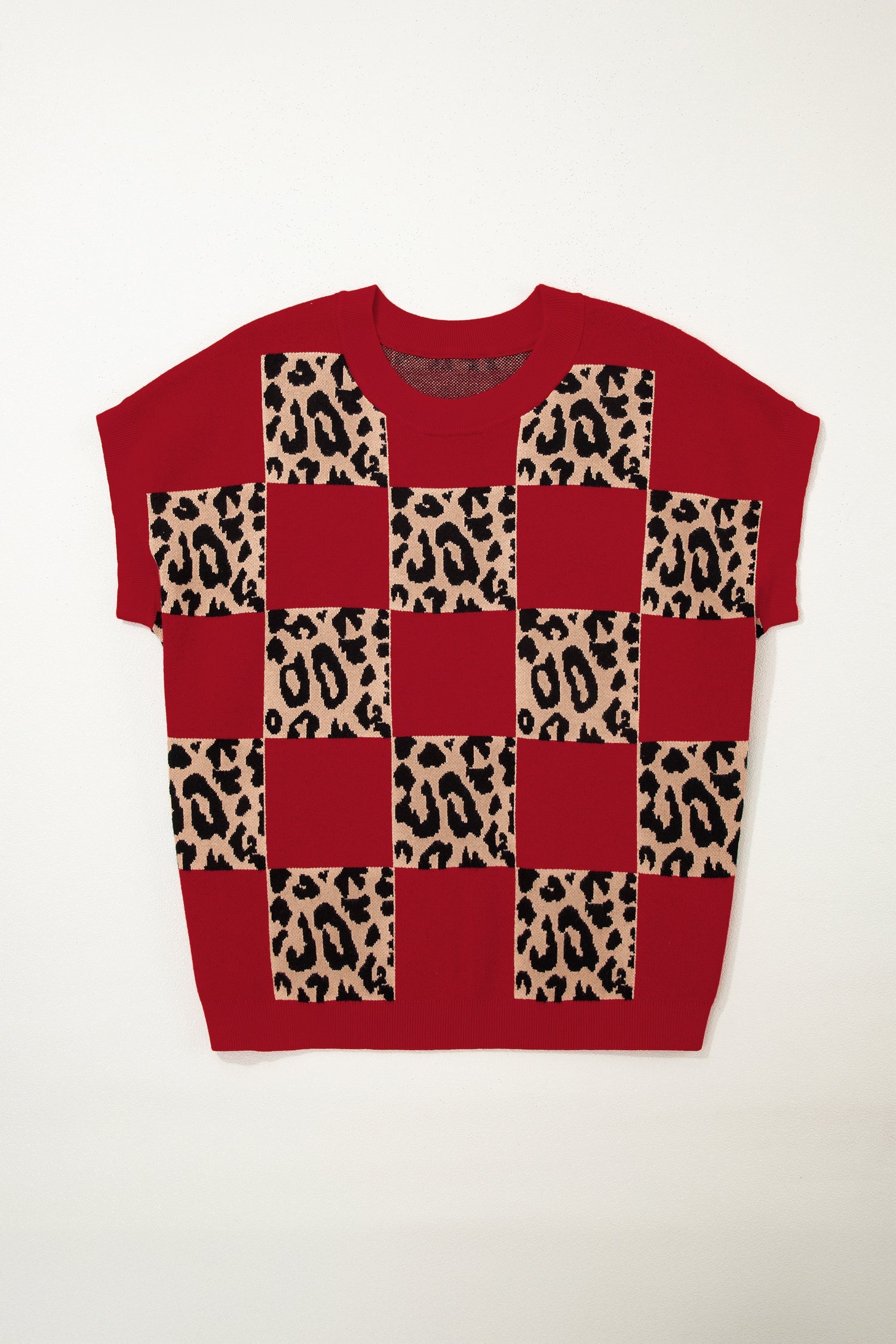 Plus Size Leopard Checkered Short Sleeve Sweater