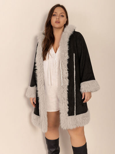 Plus Size Fuzzy Trim Open Front Hooded Coat
