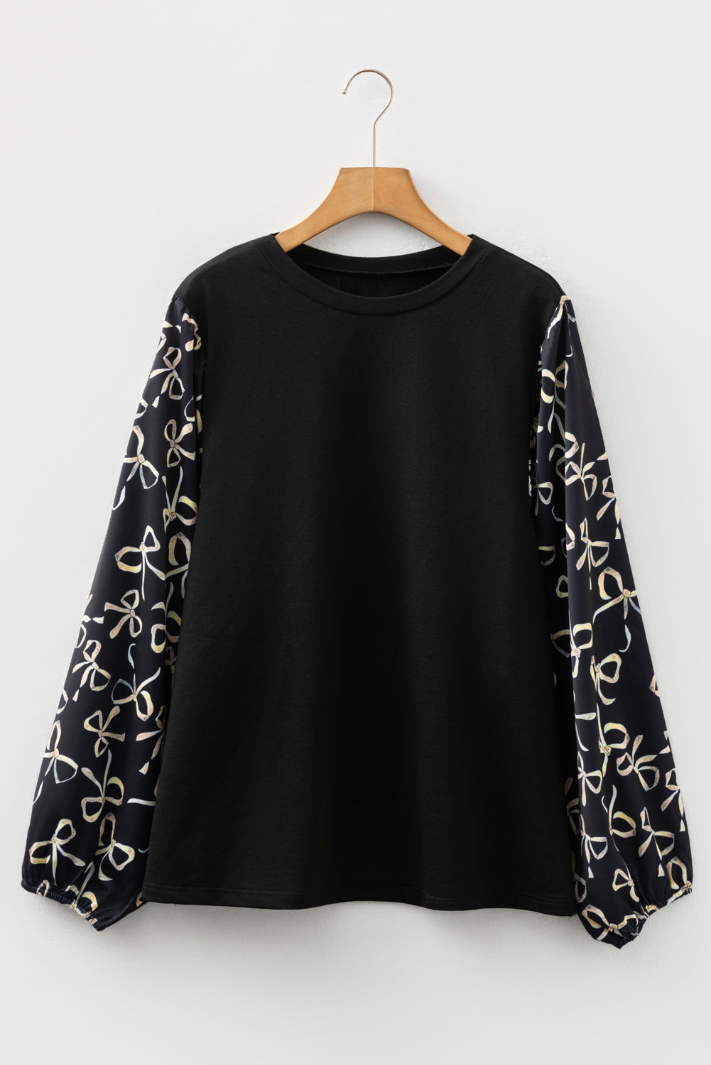 Plus Size Bow Knot Patchwork Crewneck Blouse