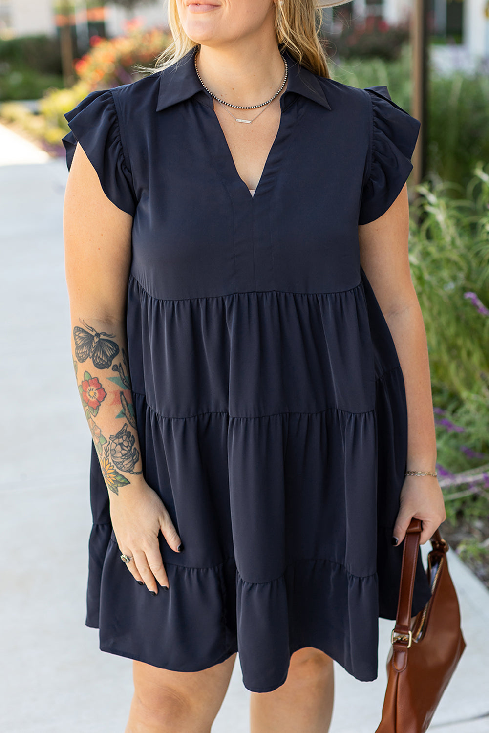 Plus Size Collared V Neck Flutter Sleeve Tiered Dress