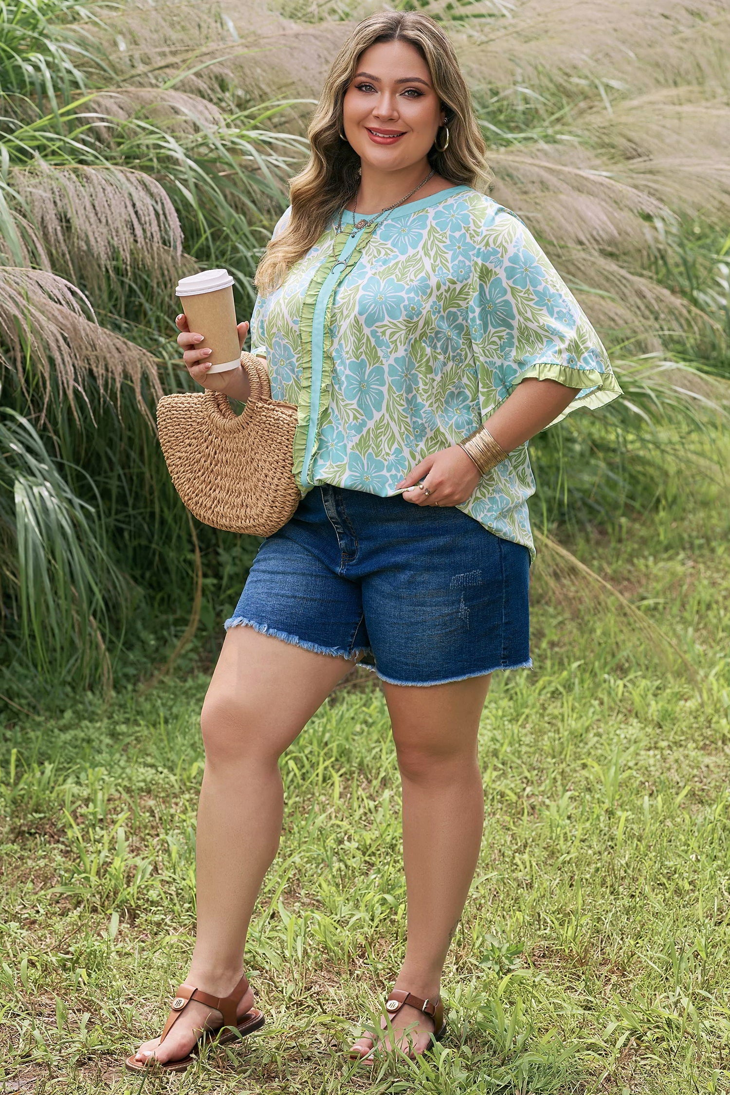 Plus Size Floral Frilled Color Block Trim Blouse