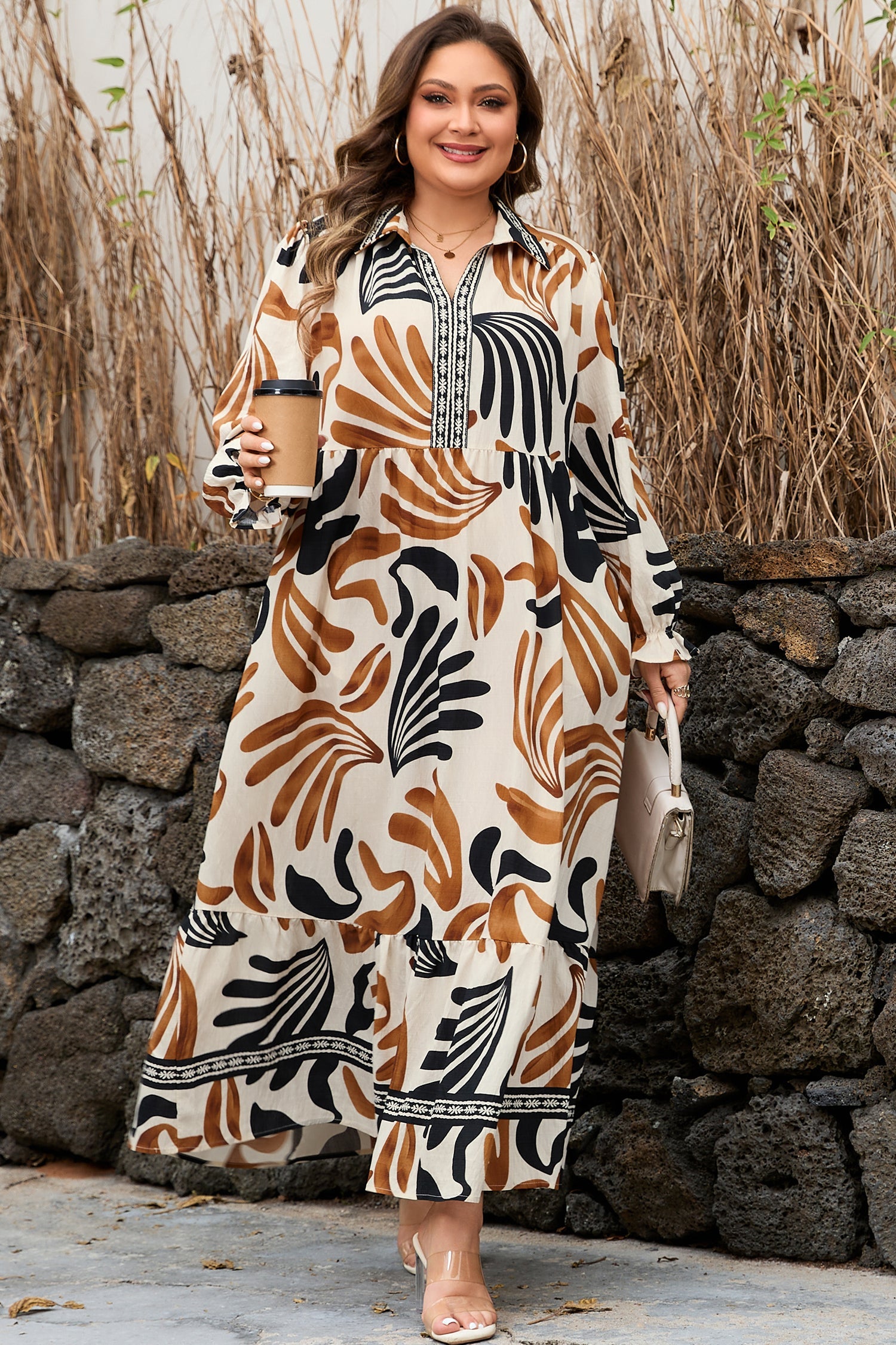 Plus Size Abstract Print Contrast Collar Shift Dress
