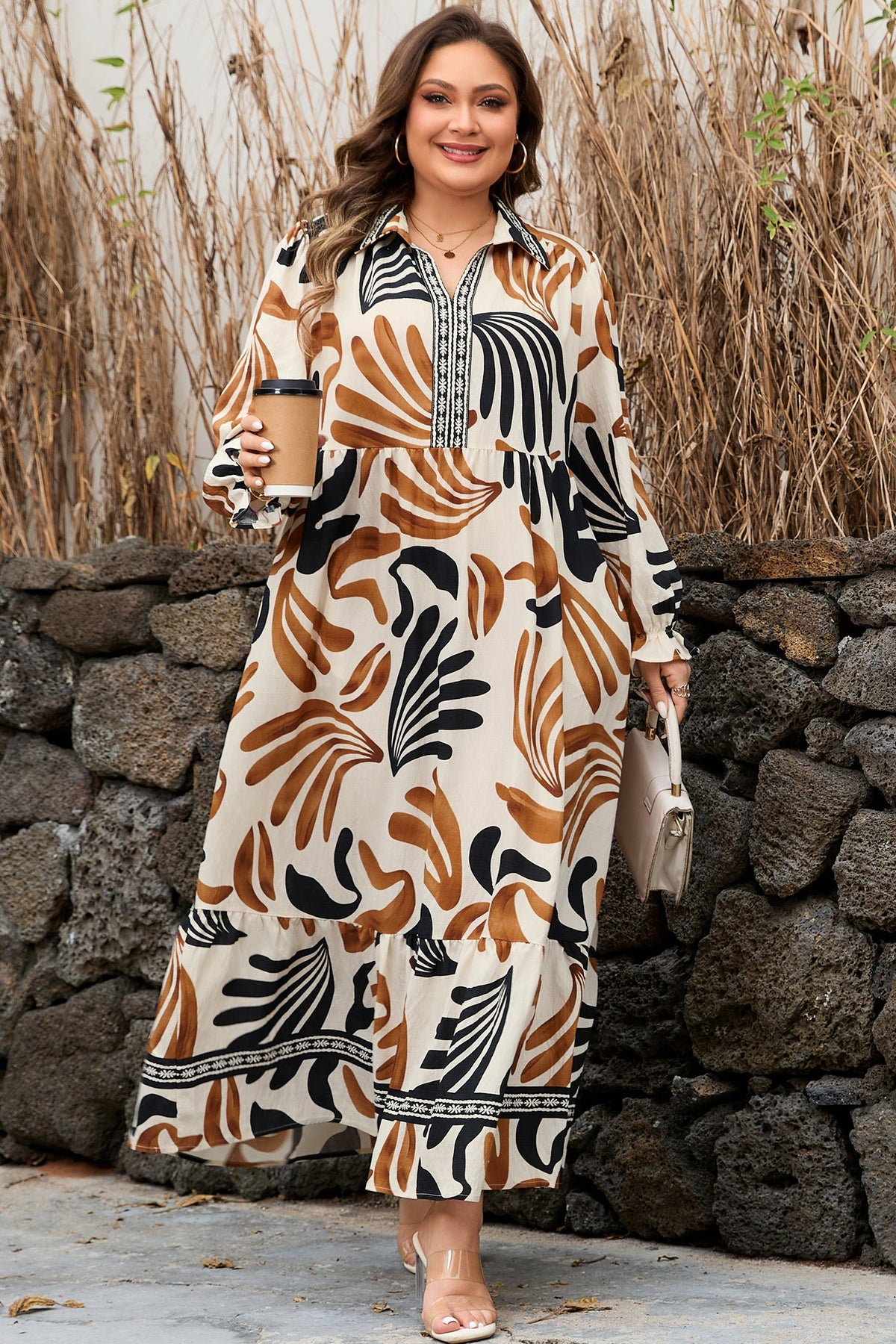 Plus Size Abstract Print Contrast Collar Shift Dress