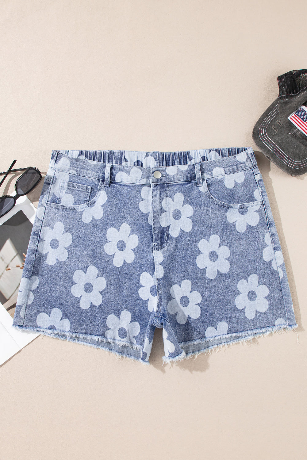 Plus Size Blue Floral High Waist Denim Shorts