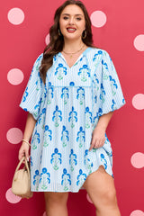 Plus Size Floral Striped Bubble Sleeve Dress