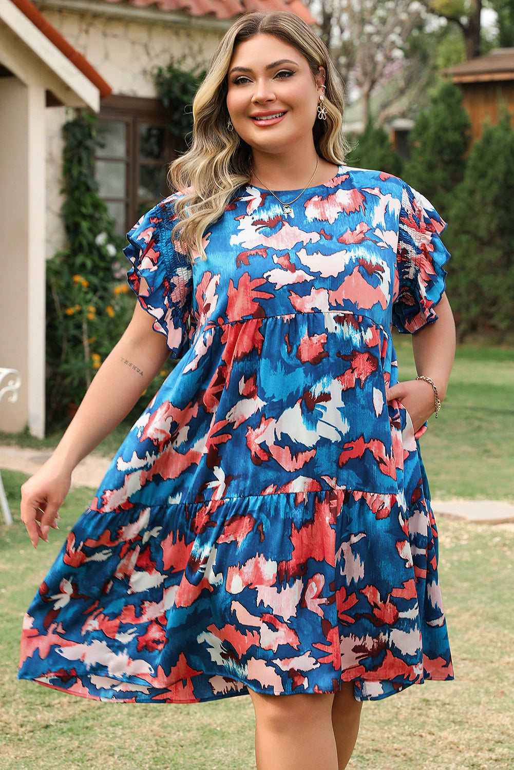 Plus Size Blue Abstract Shirred Tiered Mini Dress