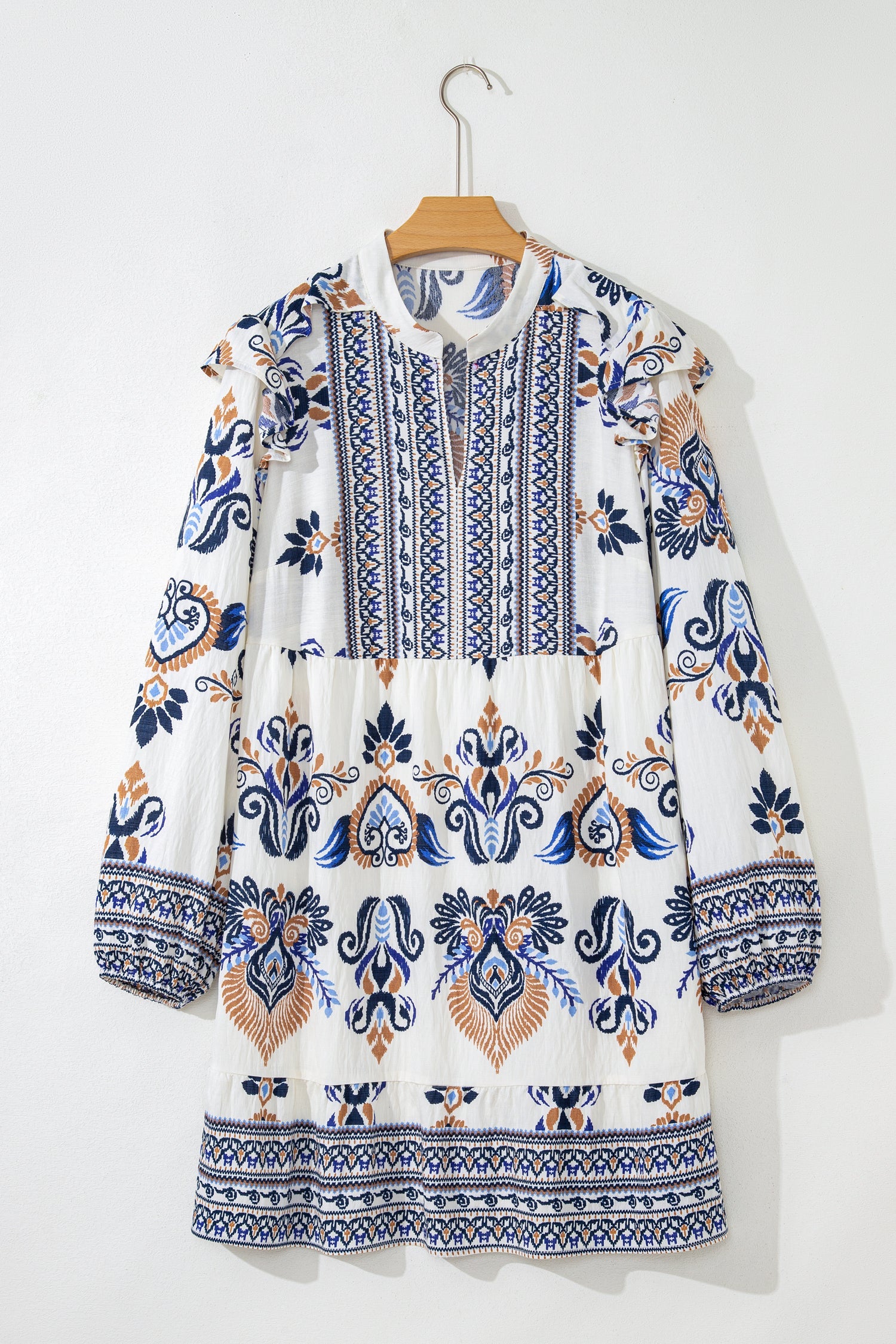 Plus Size Boho Print Split Neck Mini Dress