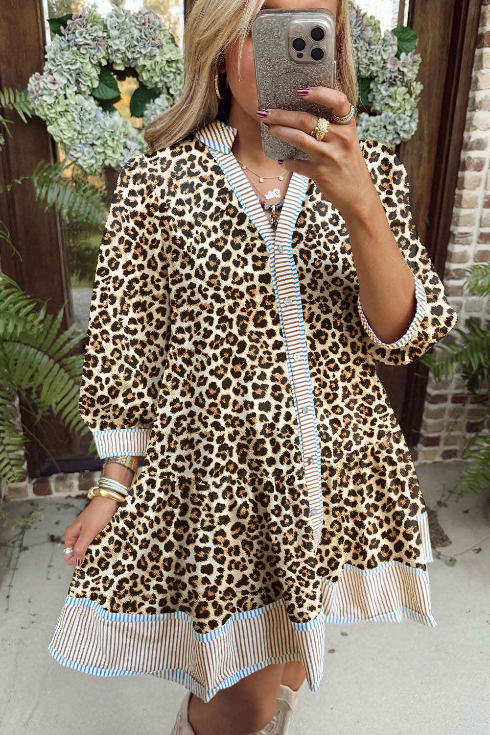 Plus Size Leopard Print V-Neck Mini Dress