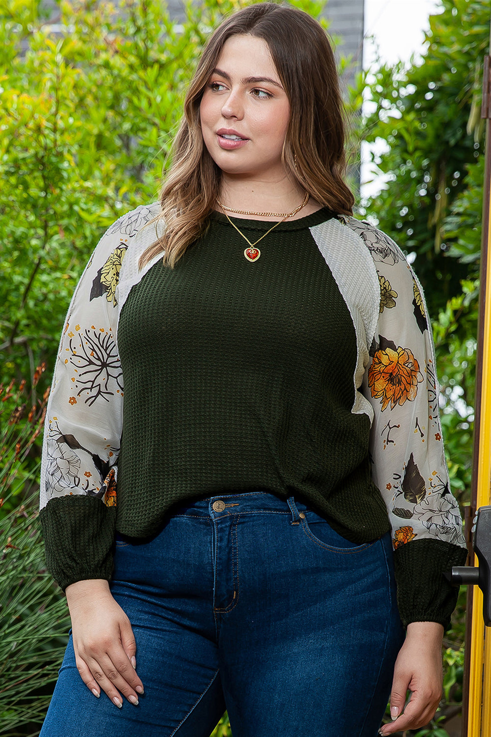 Plus Size Floral Raglan Colorblock Blouse