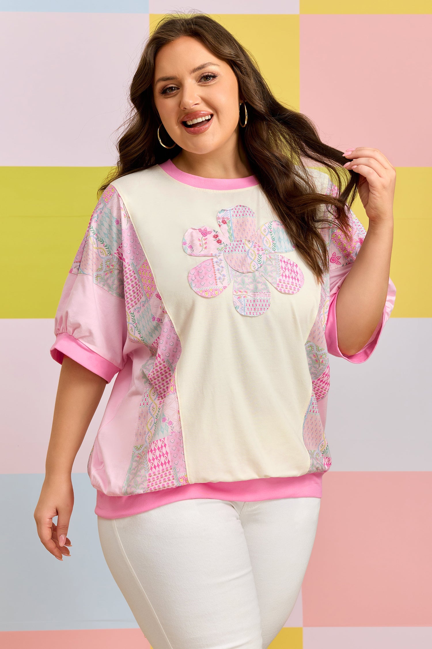 Plus Size Floral Patchwork Embroidery T Shirt