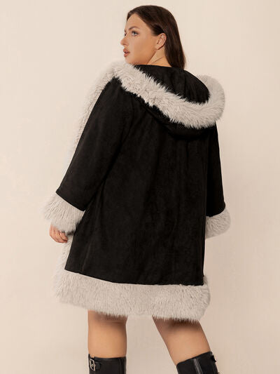 Plus Size Fuzzy Trim Open Front Hooded Coat