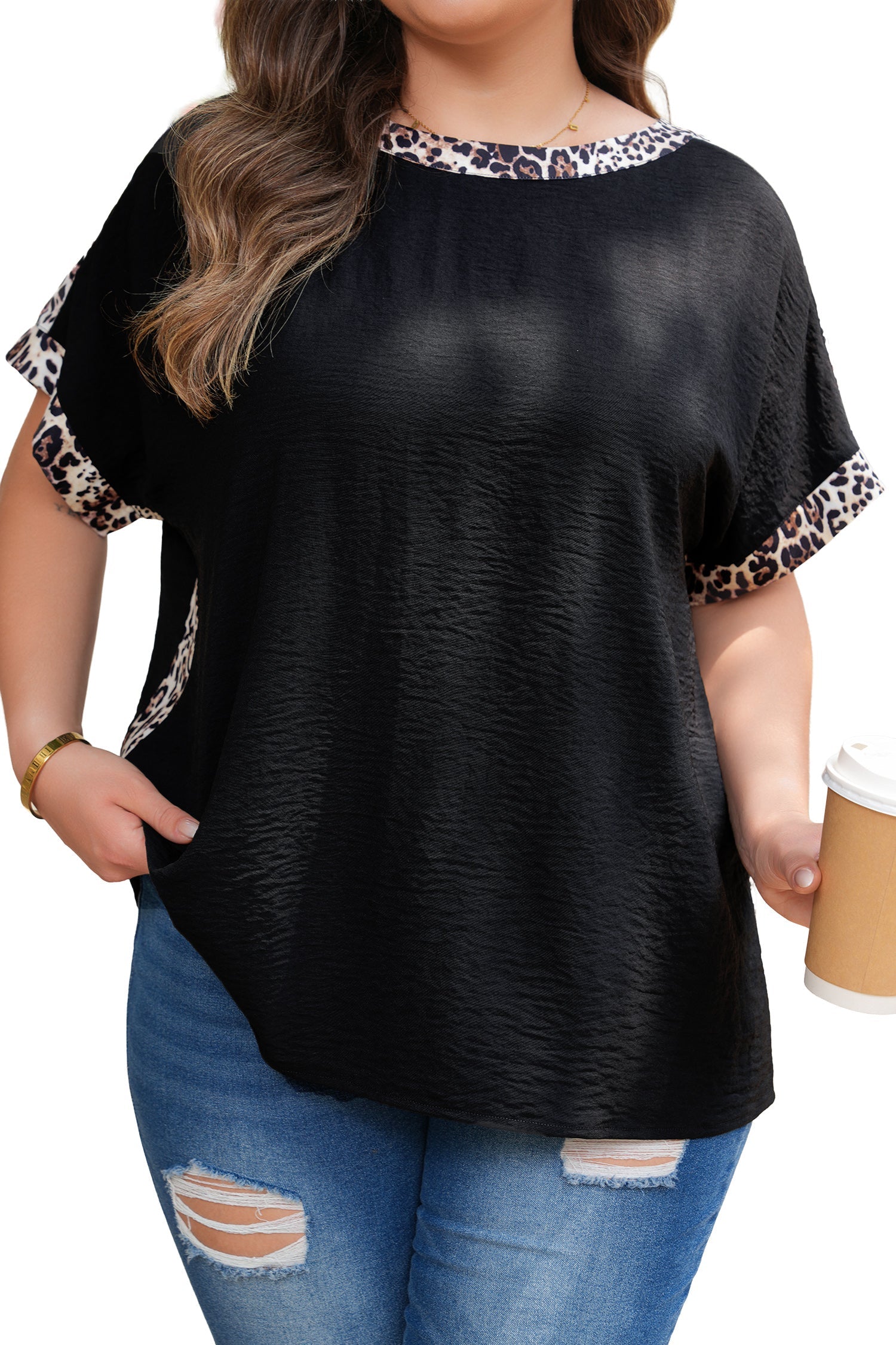 Plus Size Leopard Patchwork Round Neck Tee