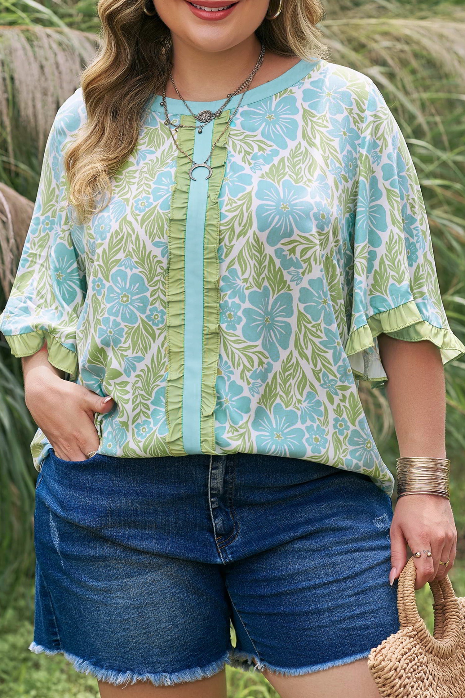 Plus Size Floral Frilled Color Block Trim Blouse