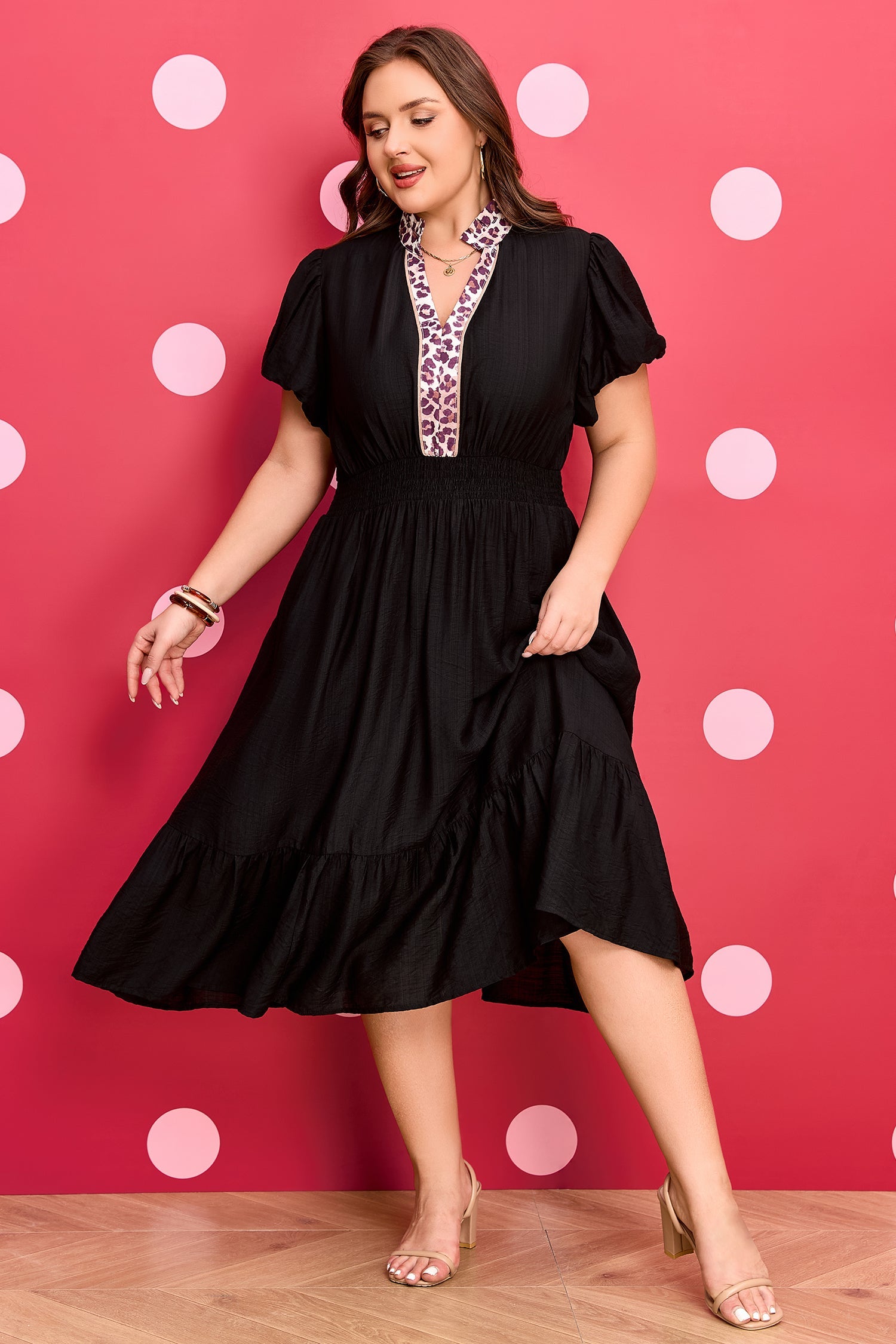 Plus Size Leopard V-Neck Smocked Dress