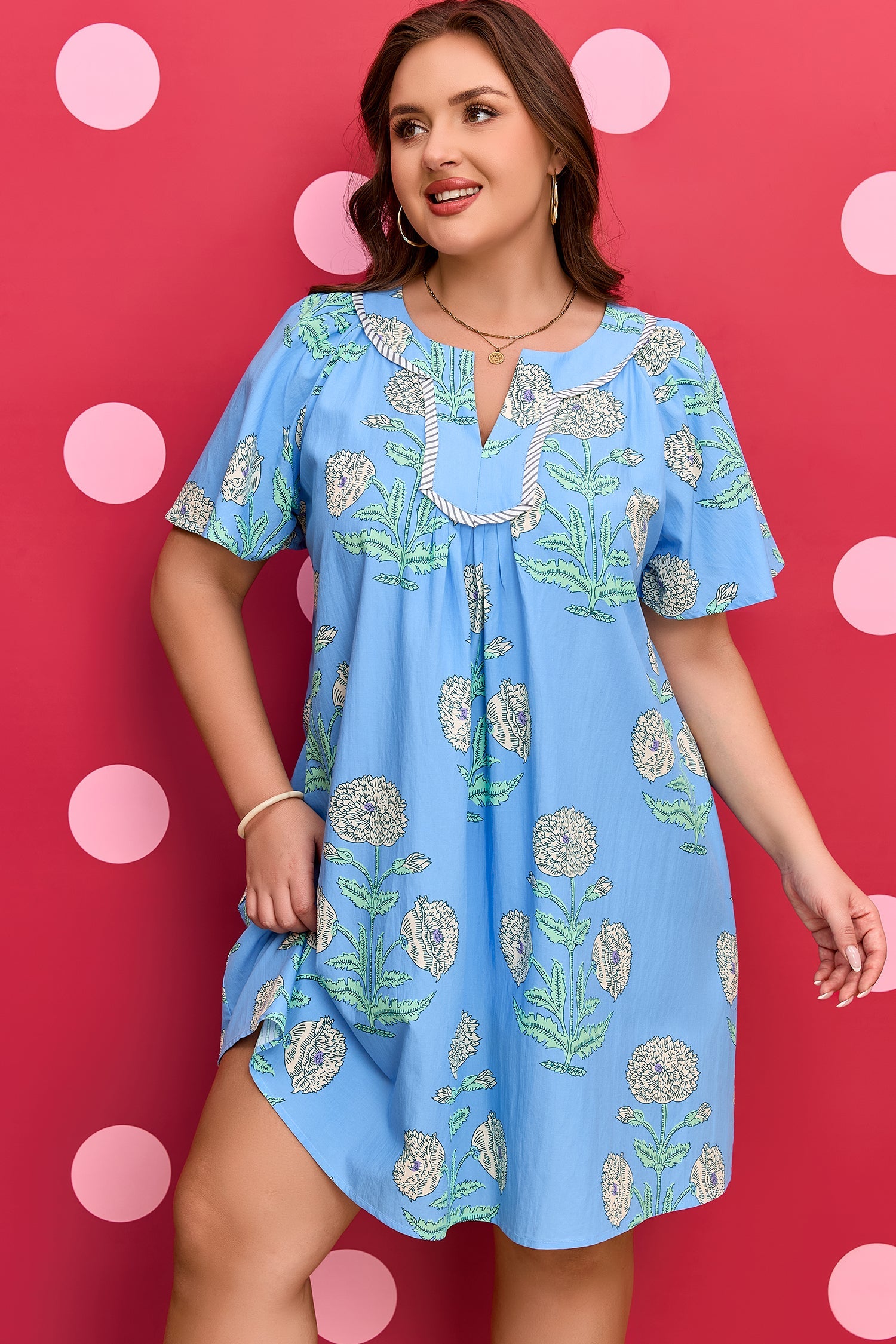 Plus Size Floral Split Neck Mini Dress