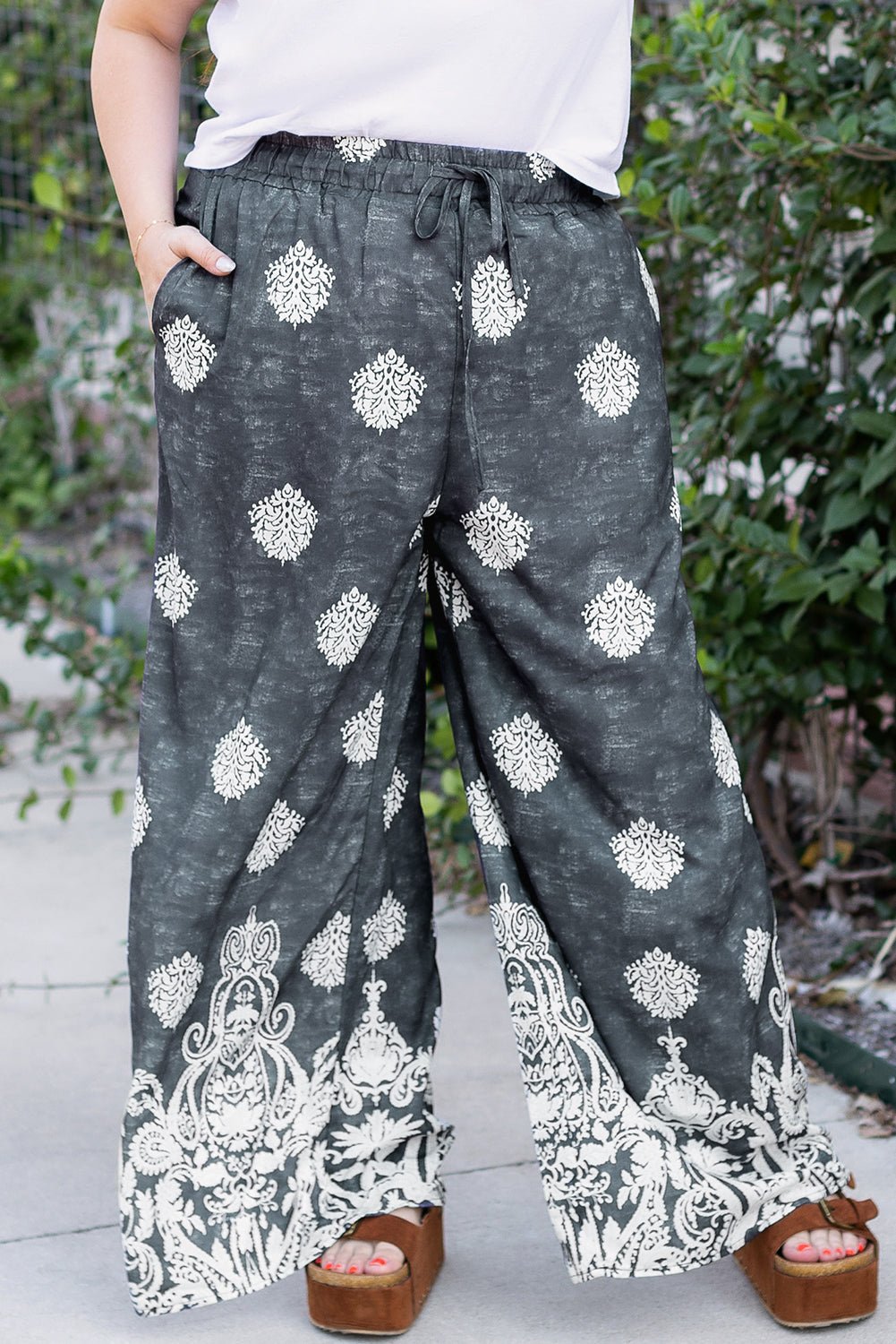 Plus Size Geometric Ethnic Print Wide Leg Pants