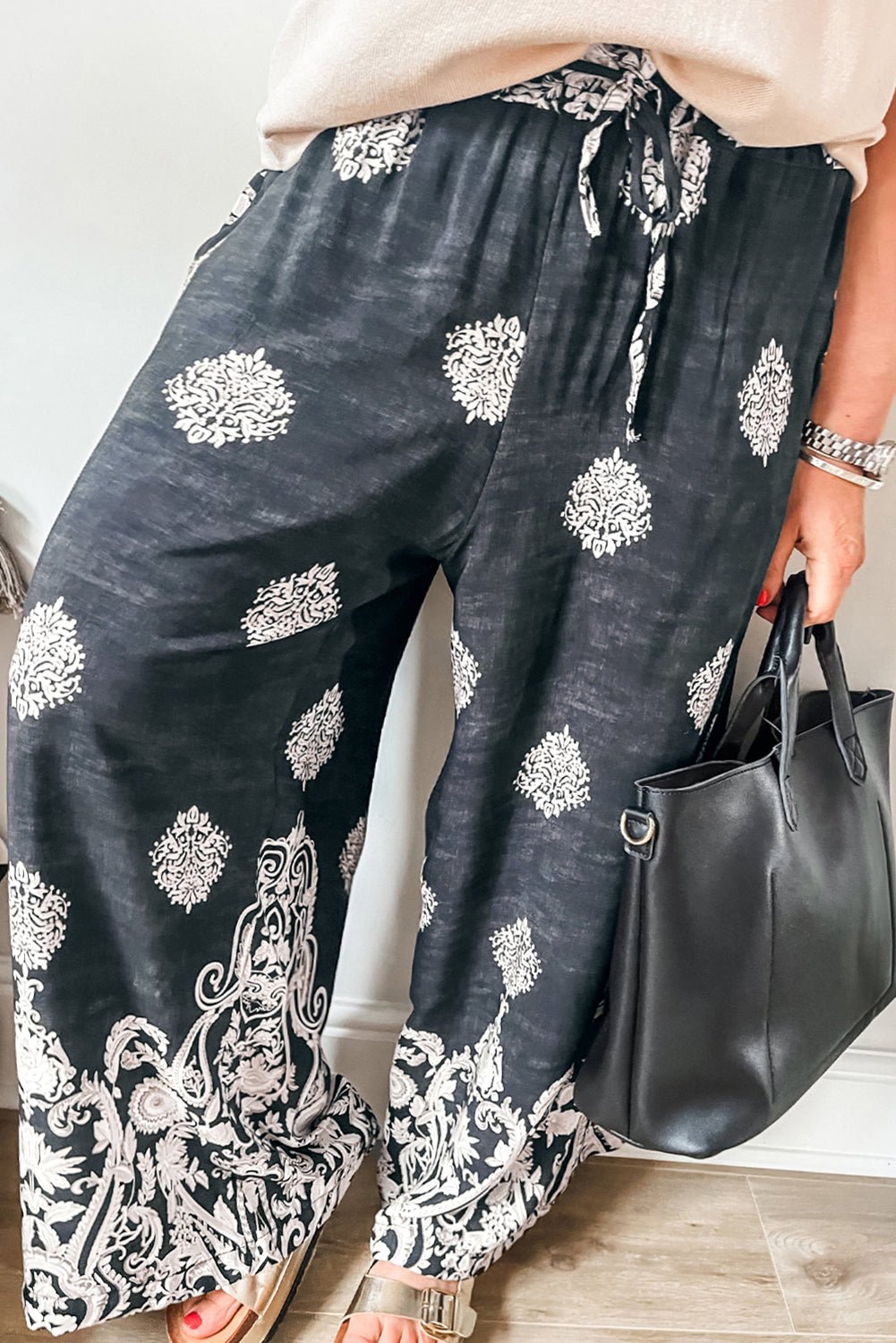 Plus Size Geometric Ethnic Print Wide Leg Pants
