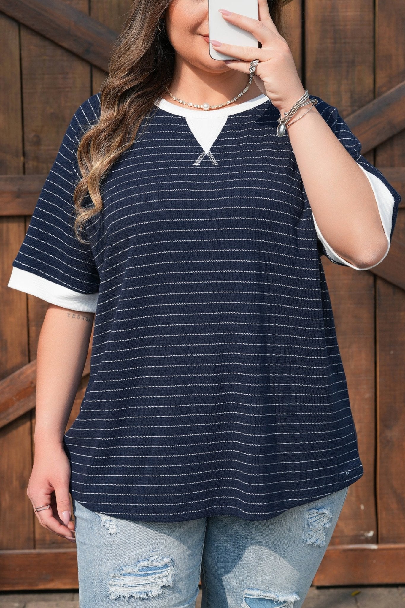 Plus Size Contrast Trim Ribbed T Shirt