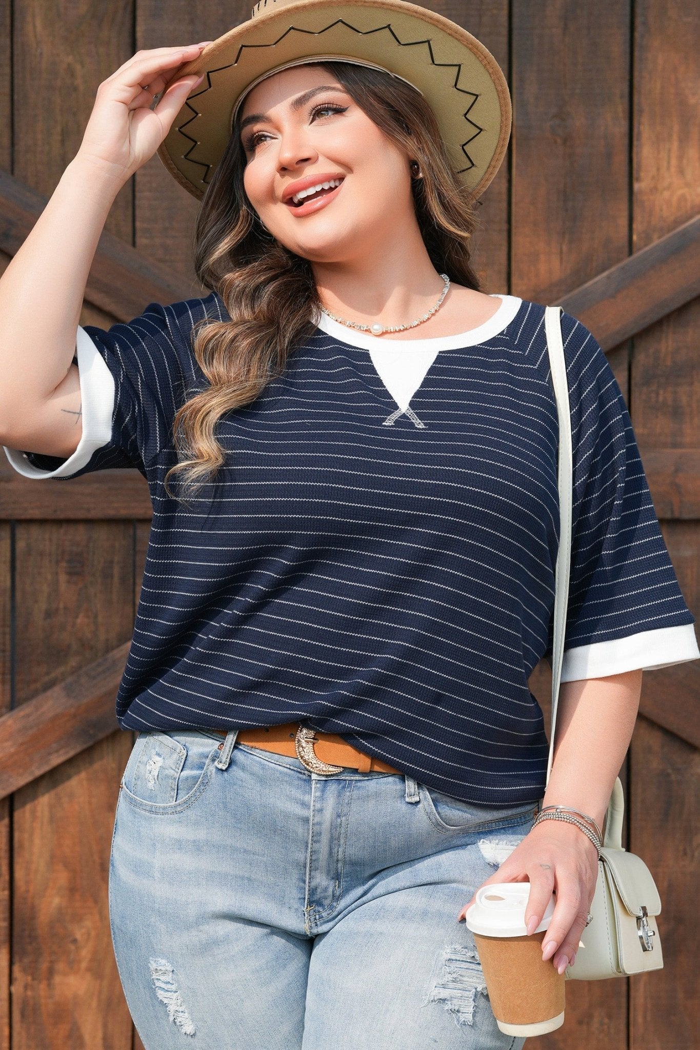 Plus Size Contrast Trim Ribbed T Shirt