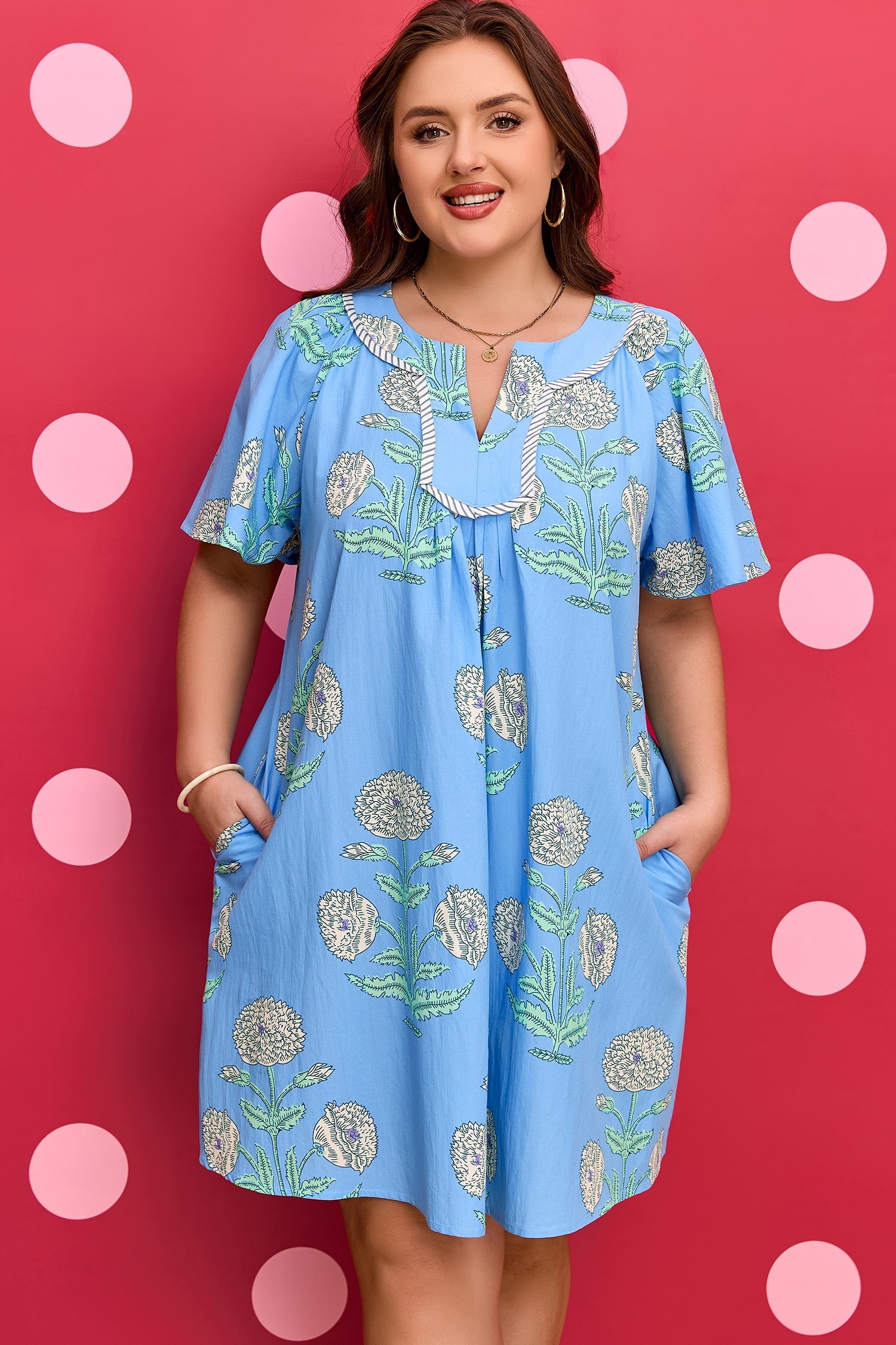 Plus Size Floral Split Neck Mini Dress