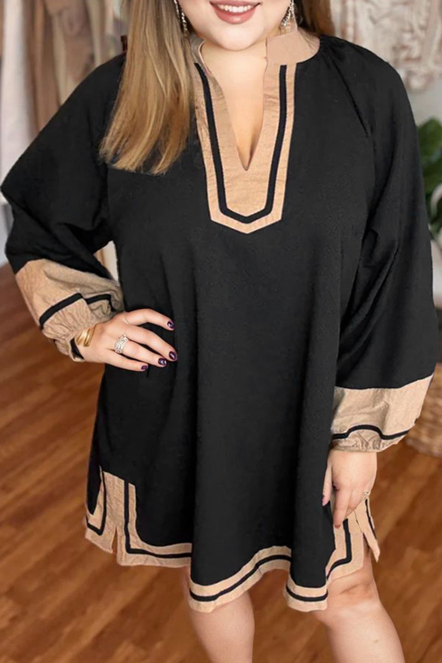 Plus Size Color Block Striped V Neck Shift Dress