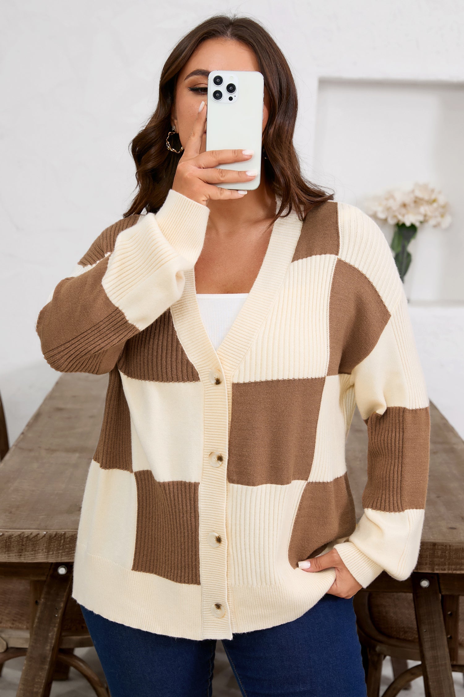 Plus Size Checkered Ribbed Knit Cardigan