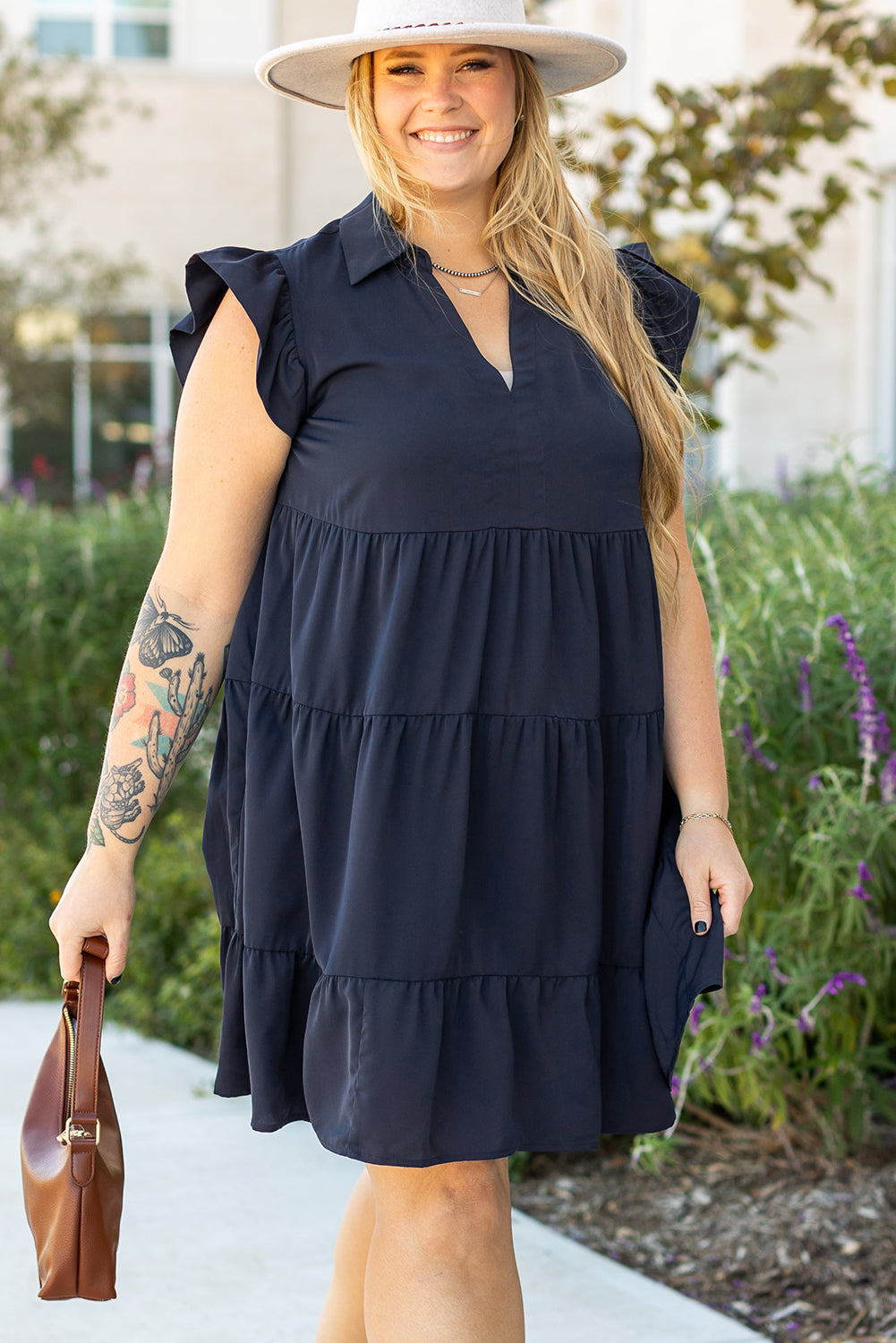 Plus Size Collared V Neck Flutter Sleeve Tiered Dress