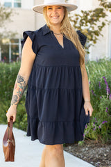 Plus Size Collared V Neck Flutter Sleeve Tiered Dress