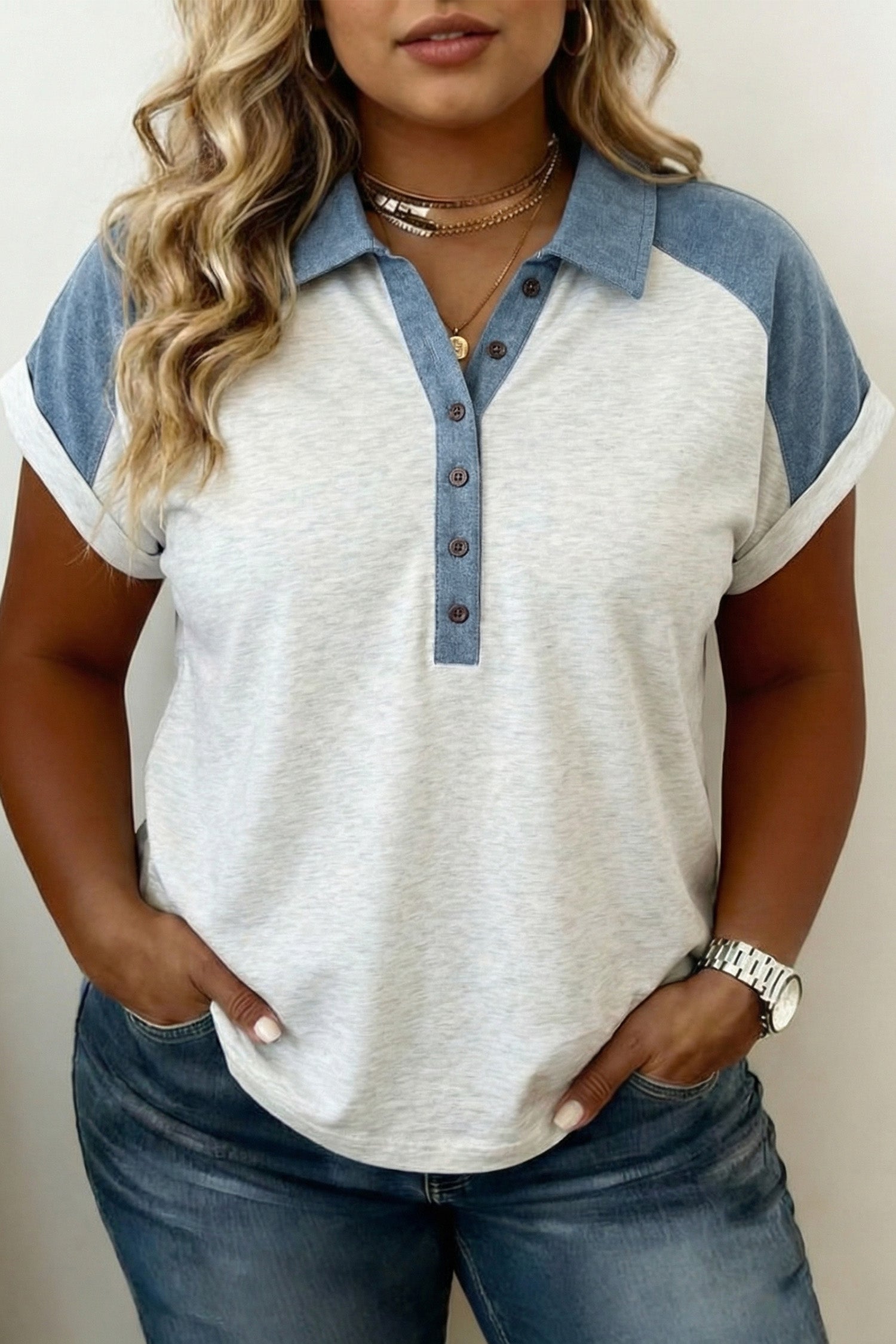 Plus Size Contrast Denim Patchwork Polo