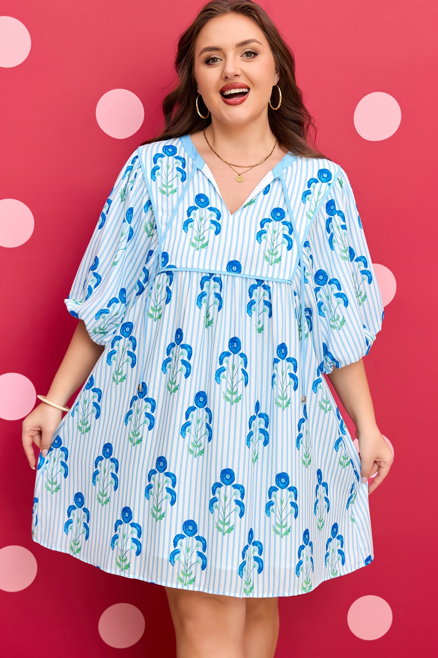 Plus Size Floral Striped Bubble Sleeve Dress