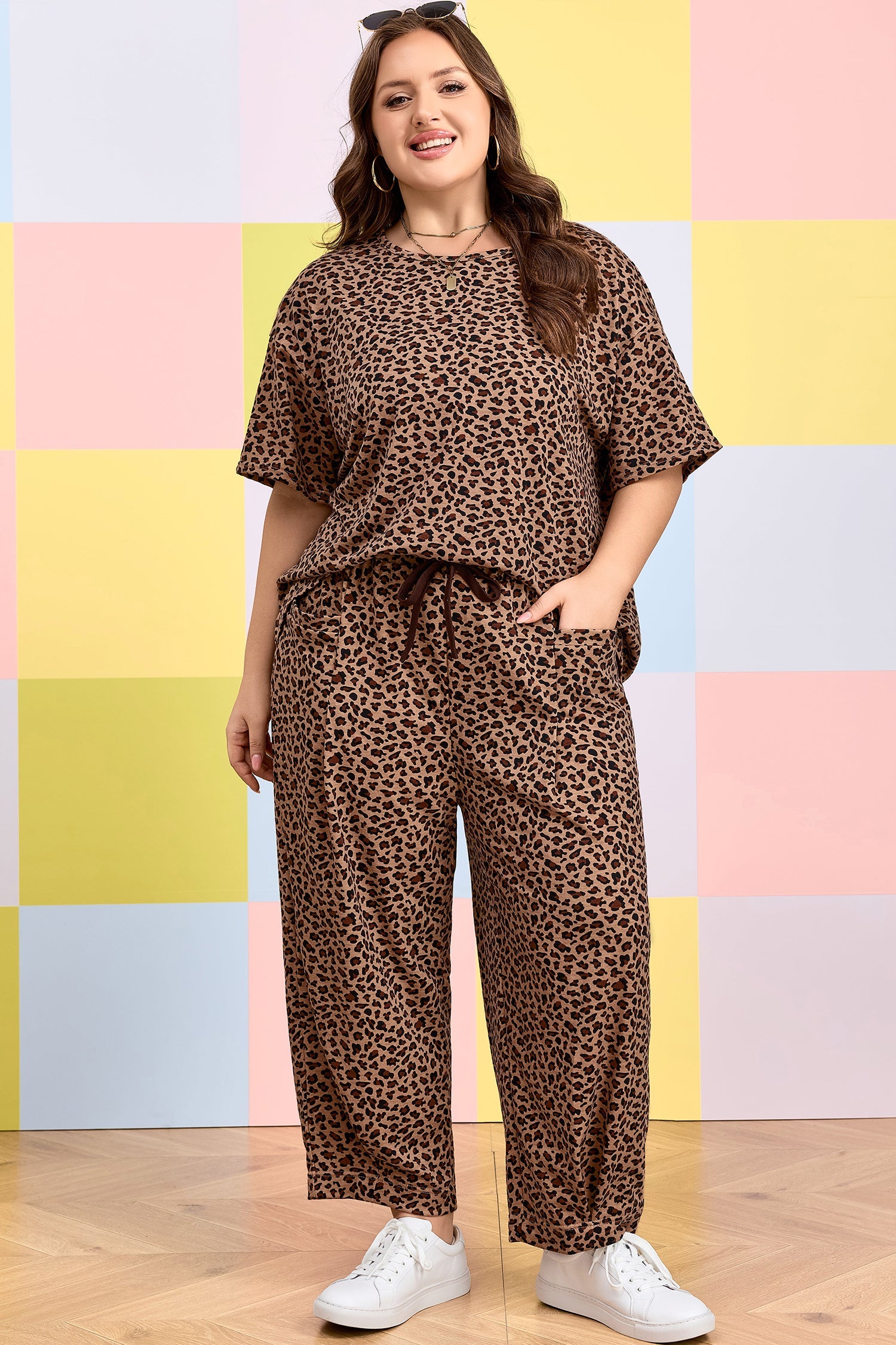 Plus Size Leopard Loose Top Pleated Pants Set