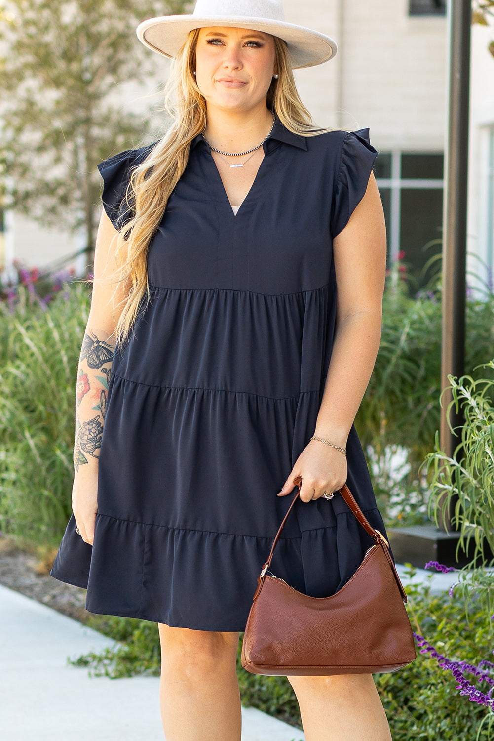 Plus Size Collared V Neck Flutter Sleeve Tiered Dress
