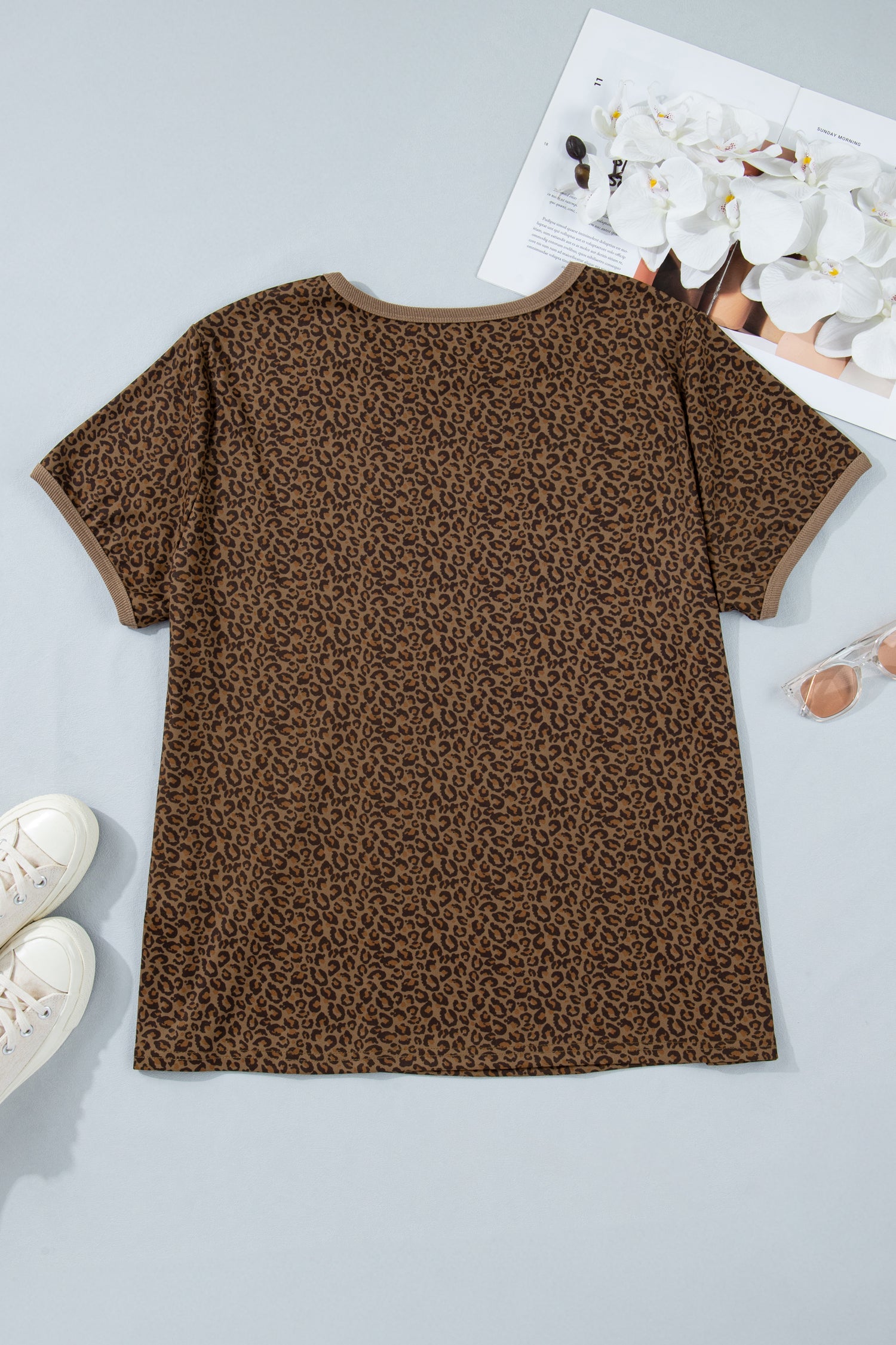 Plus Size Leopard Print Ribbed Trim Tee