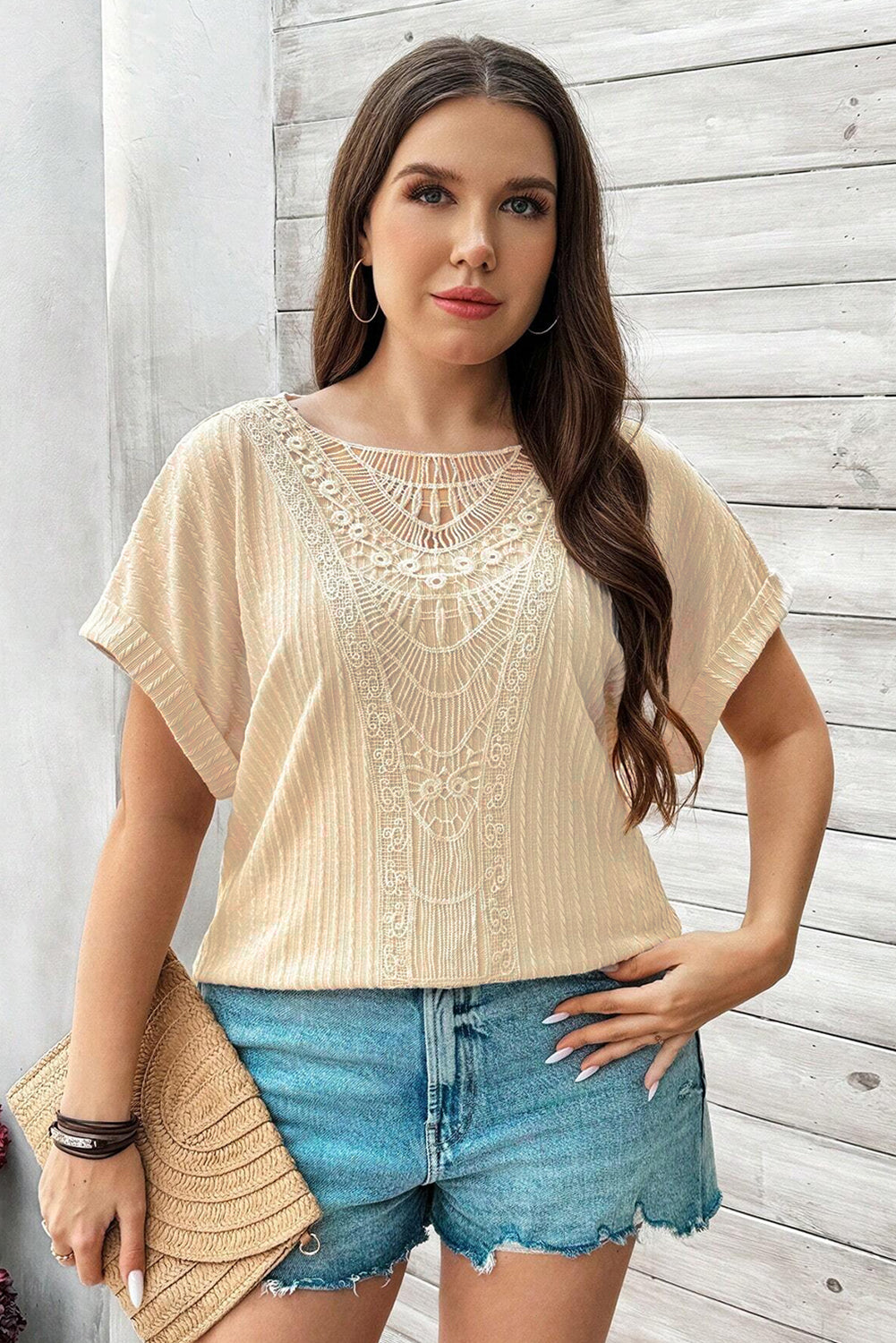 Plus Size Lace Crochet Cable Knit Top