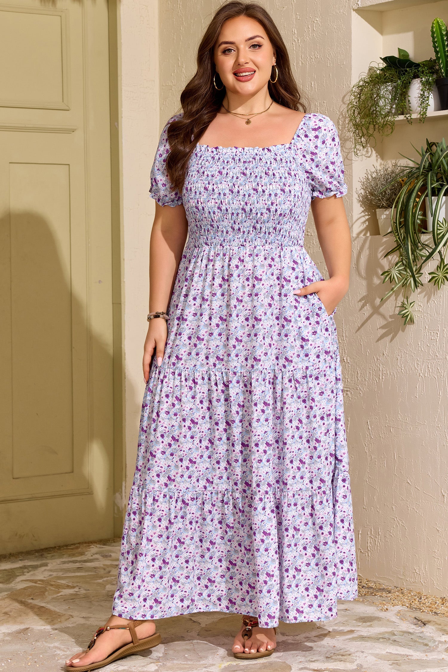 Plus Size Floral Square Neck Smocked Maxi Dress