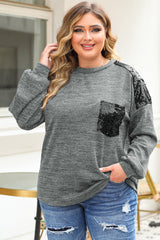 Plus Size Gray Sequin Patchwork Long Sleeve Top