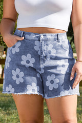 Plus Size Blue Floral High Waist Denim Shorts