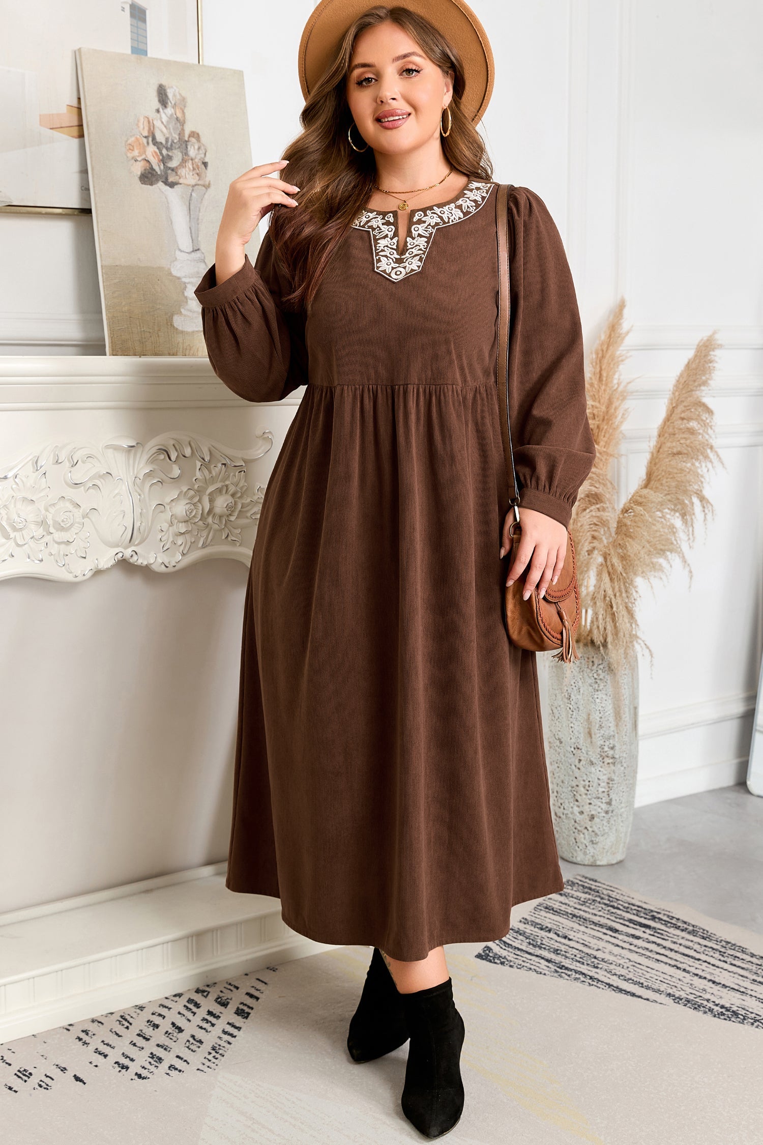 Plus Size Embroidered Notched Neck Pleated Midi Dress